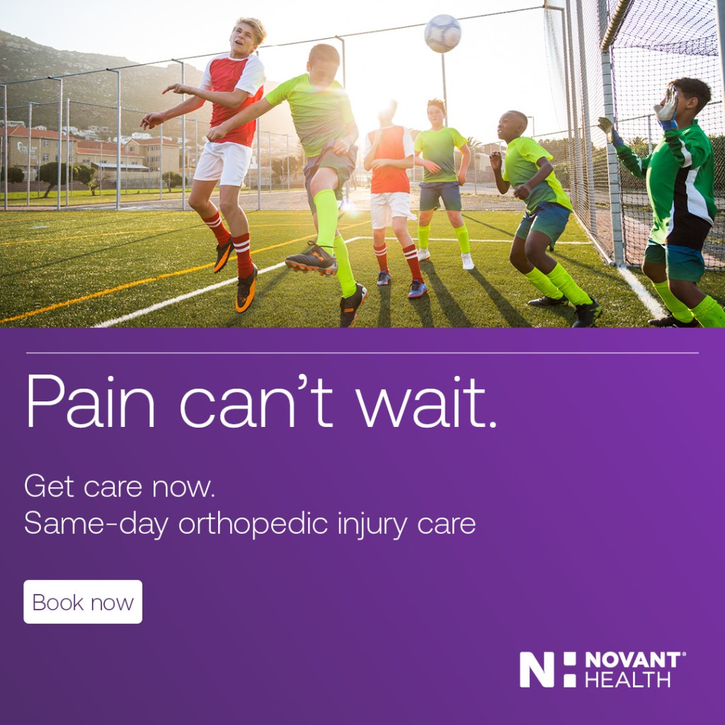 Ad for Novant Health. Pain can’t wait. Get care now. Same-day orthopedic injury care.